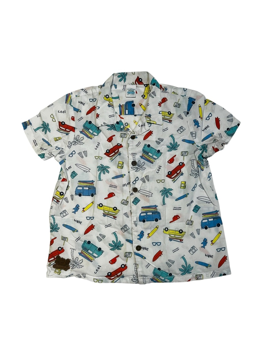 Kids White Short-Sleeve Button-Down Shirt with Colorful Surf & Van Print